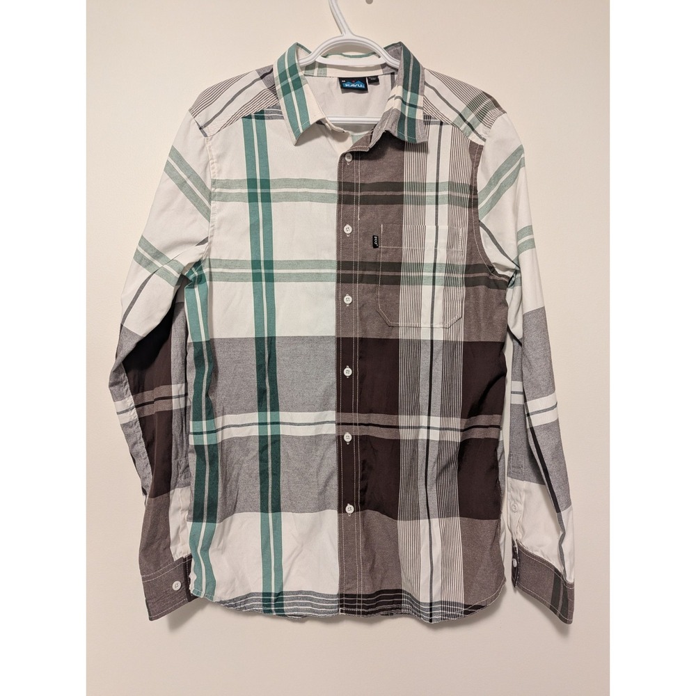 KAVU Mens Size Medium White Green Brown Plaid Long Sleeve Button Down Shirt‎